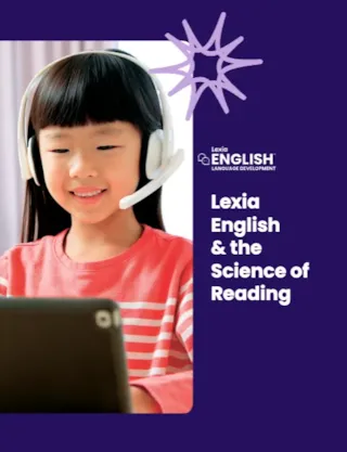 Young girl wearing headphones uses a tablet; text reads Lexia English & the Science of Reading on a dark blue background.