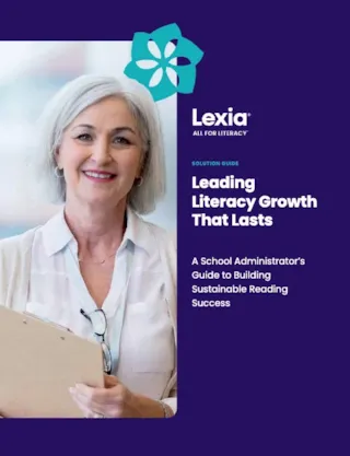 Smiling woman with gray hair holds a clipboard next to text about leading literacy growth for school administrators.