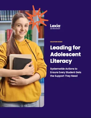 Smiling girl in a yellow hoodie holds books in a library; text reads Leading for Adolescent Literacy by Lexia.