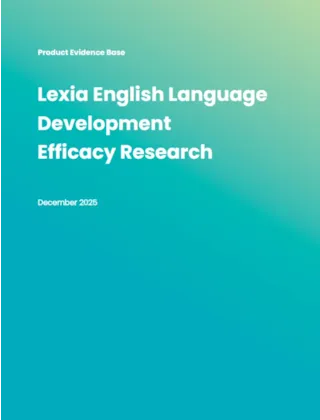 Blue-green gradient cover with white text: Lexia English Language Development Efficacy Research, December 2025.