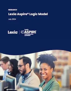 Cover of Lexia Aspire Logic Model report showing people working at computers with a blue header.