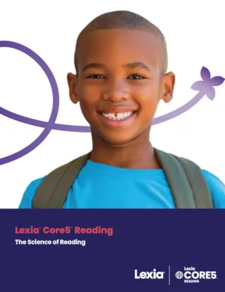 Smiling child wearing a backpack, with Lexia Core5 Reading: The Science of Reading text and logos at the bottom.