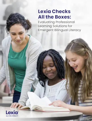 Three girls read a book together at a table; text promotes evaluating bilingual literacy learning solutions.