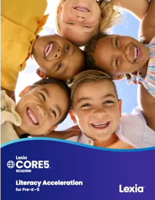 Five smiling children look down into the camera under a blue sky, above the Lexia Core5 Reading logo.
