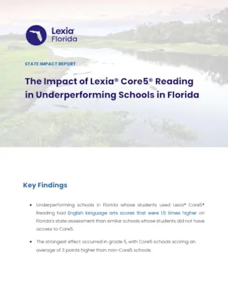 Lexia Florida state impact report cover with a river scene and key findings on reading program benefits in underperforming schools.
