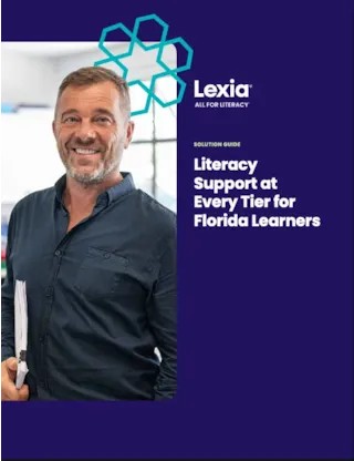 Smiling man holding folders stands next to text: Literacy Support at Every Tier for Florida Learners on a purple background.