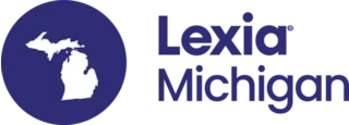 Logo with a white Michigan state map in a blue circle next to the words Lexia Michigan in blue text.