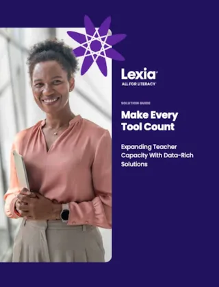 Smiling woman holding a tablet stands beside text: Lexia, Make Every Tool Count, Expanding Teacher Capacity With Data-Rich Solutions.