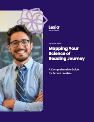 Smiling man with glasses in a blue shirt stands next to text about a Science of Reading guide for school leaders.