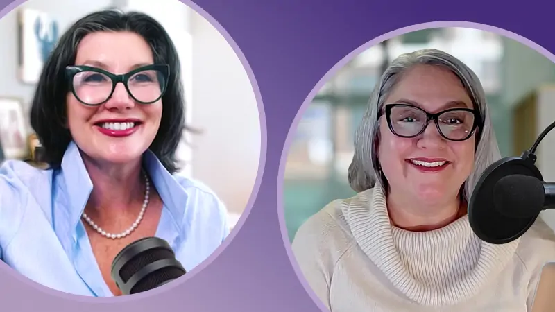 Two smiling women with glasses speak into microphones during a video call, each shown in a circular frame.