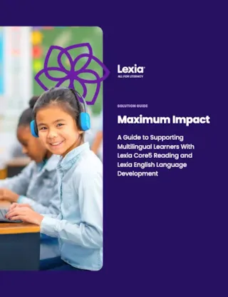 Smiling girl with headphones sits at a desk, featured on a Lexia solution guide for multilingual learners.