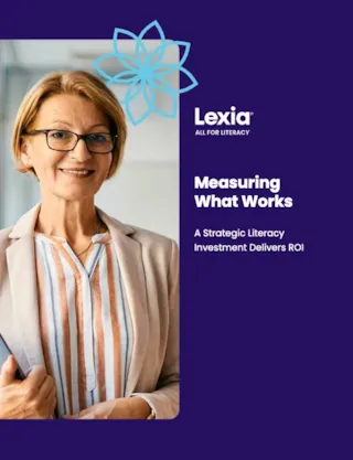 Smiling woman in glasses and blazer stands next to text: Measuring What Works—A Strategic Literacy Investment Delivers ROI.