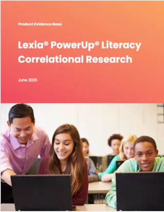 A teacher helps smiling students using laptops in a classroom; text reads Lexia PowerUp Literacy Correlational Research.