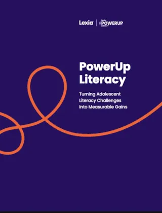Dark blue cover with orange swirl, text reads PowerUp Literacy: Turning Adolescent Literacy Challenges Into Measurable Gains.
