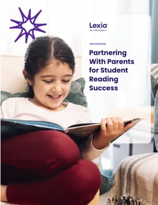 Young girl sitting on a couch, smiling while reading a book, with text about partnering with parents for reading success.