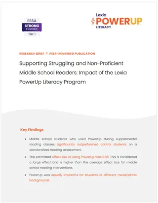 A research brief on the impact of Lexia PowerUp for struggling middle school readers, highlighting key findings in bullet points.