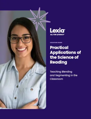 Smiling woman with glasses on the cover of a Lexia guide titled Practical Applications of the Science of Reading.