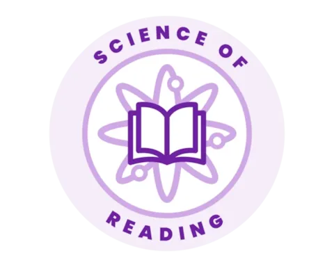 A purple open book is centered within an atom symbol, encircled by the text Science of Reading on a light purple border.