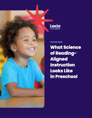 Smiling young child sits at a table next to text about reading instruction in preschool on a blue and purple background.