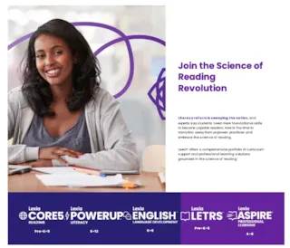 Smiling woman sits at a desk with papers and a pencil, next to text about the Science of Reading Revolution.