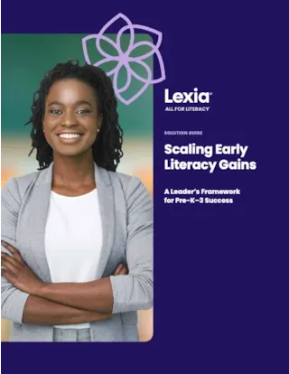 Smiling woman in a blazer stands with folded arms next to the text, Scaling Early Literacy Gains on a blue background.