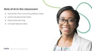 Smiling woman with glasses beside a list about AI’s role in the classroom, including automation and personalized learning.