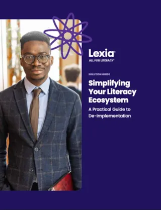 Man in suit holding folder, standing next to text: Simplifying Your Literacy Ecosystem on purple background.