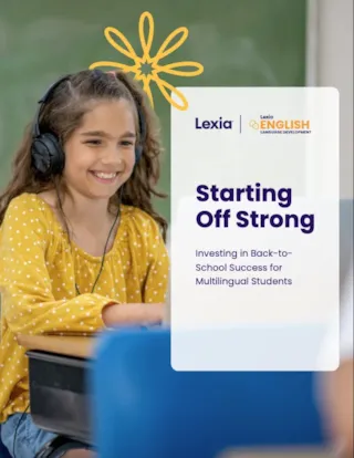Smiling girl with headphones sits at a desk. Text: Starting Off Strong: Investing in Back-to-School Success for Multilingual Students.