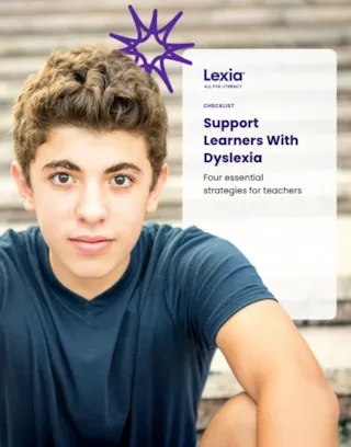Teen boy sits on stairs; Lexia checklist on supporting learners with dyslexia appears next to him.