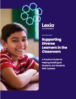 Smiling child in a red striped shirt sits at a desk; text promotes a guide for supporting diverse learners in classrooms.