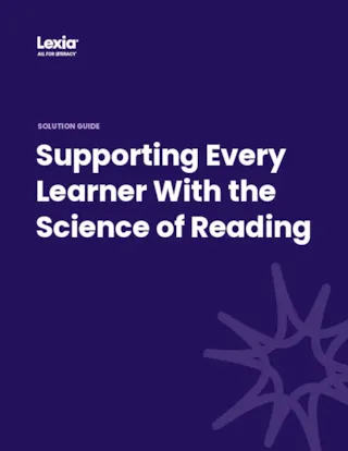 Dark blue cover page titled Supporting Every Learner With the Science of Reading with Lexia logo and abstract design.