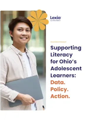 Smiling young person holding a laptop, with text: Supporting Literacy for Ohio’s Adolescent Learners: Data. Policy. Action.