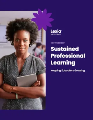 A confident woman holding a tablet stands in front of a blurred background, with text about sustained professional learning.