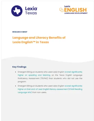 Report cover showing Lexia Texas and Lexia English logos, with text about language and literacy benefits in Texas.