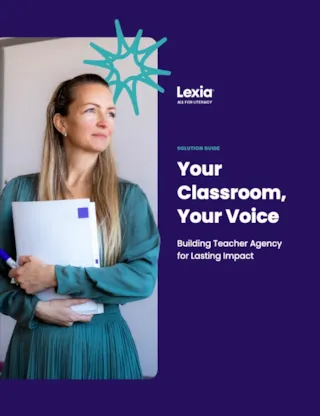 A woman holding folders stands by a door. Text reads: Your Classroom, Your Voice. Building Teacher Agency for Lasting Impact.
