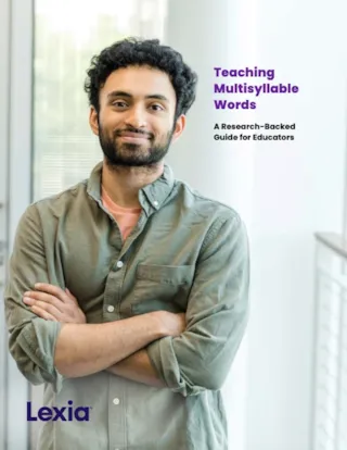 A man stands with crossed arms, smiling in a bright space. Text reads, Teaching Multisyllable Words: A Guide for Educators.
