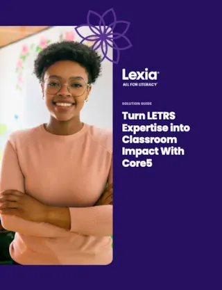 Smiling woman in glasses and pink sweater stands with arms crossed beside Lexia Core5 solution guide text.