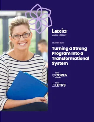 Smiling woman in glasses holds a blue folder; text reads Turning a Strong Program Into a Transformational System.
