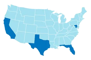 Map of the US highlighting California, Texas, Florida, and Washington D.C. in dark blue, with other states in light blue.