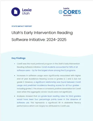 A report page with the title Utah’s Early Intervention Reading Software Initiative: 2024–2025 and summary of key findings.