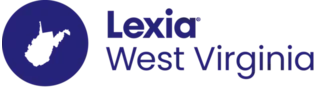 Lexia West Virginia logo with a white silhouette of West Virginia inside a blue circle.