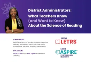 Smiling person with crossed arms and headscarf next to text about science of reading for district administrators.