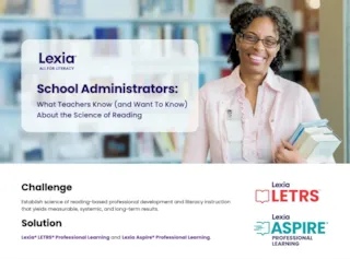 A smiling woman holding books stands in a library; text promotes Lexia programs for school administrators and literacy.