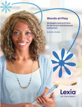 Smiling woman holding a folder, with Words at Play and Lexia literacy program text overlaid on the image.