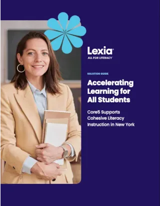 A woman holding books smiles in a classroom; text reads Accelerating Learning for All Students – Lexia Solution Guide.