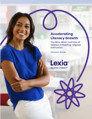Woman in a blue shirt smiling with arms crossed, beside text about Lexias science of reading-aligned instruction guide.