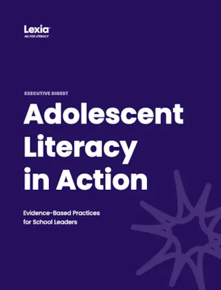 Dark purple cover with the title Adolescent Literacy in Action and Lexia branding, with abstract starburst designs.
