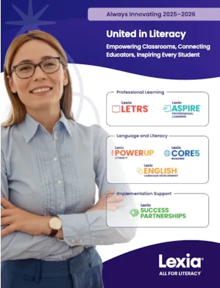 Smiling woman in glasses stands by United in Literacy Lexia programs chart with purple and blue accents.