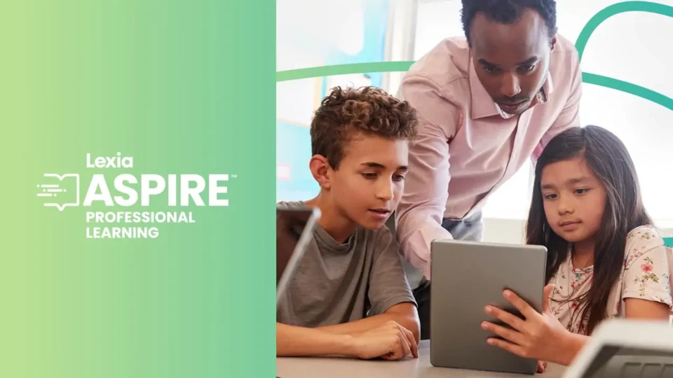 A teacher helps two students using a tablet, next to a Lexia Aspire Professional Learning logo on a green background.