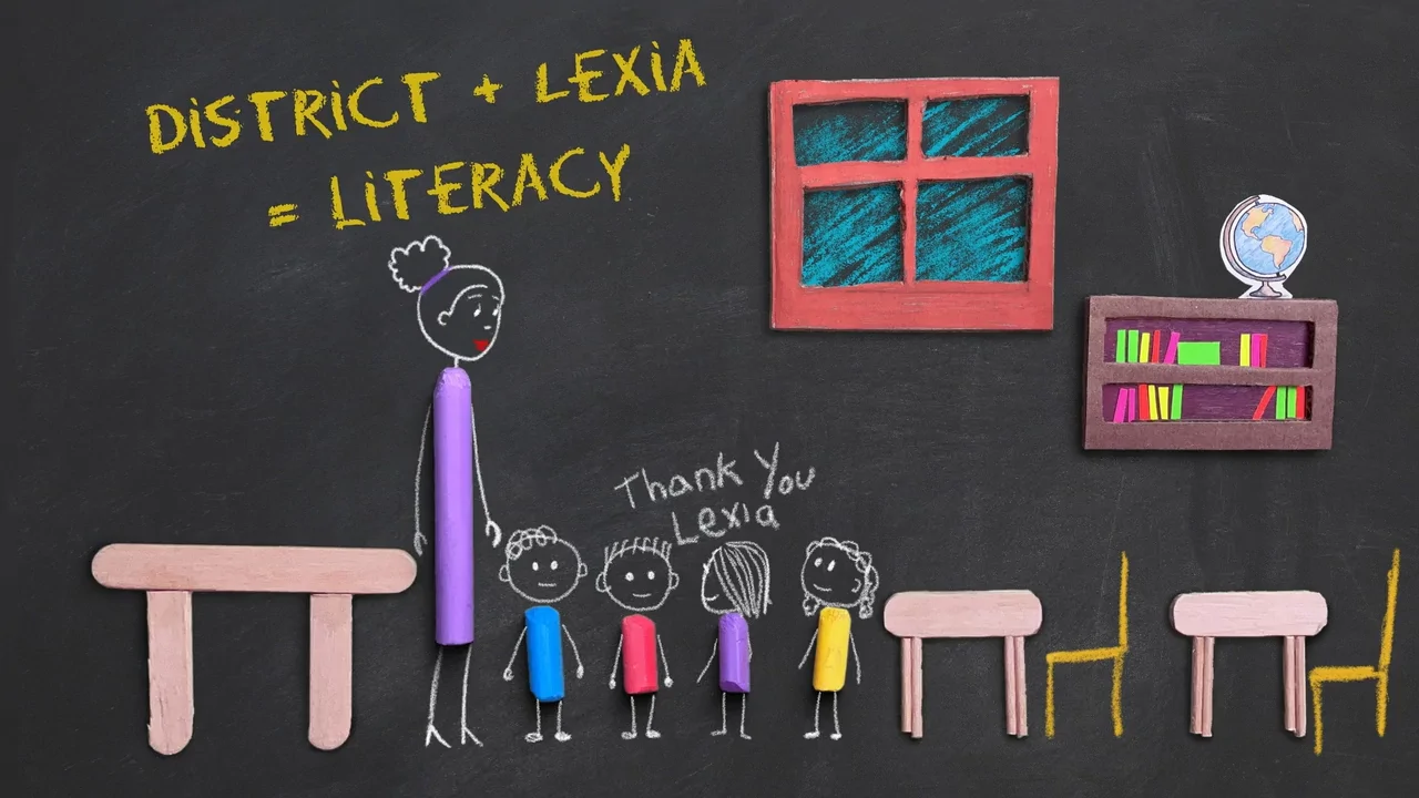 Chalkboard drawing of a teacher and kids with text: District + Lexia = Literacy. Classroom items drawn in chalk.